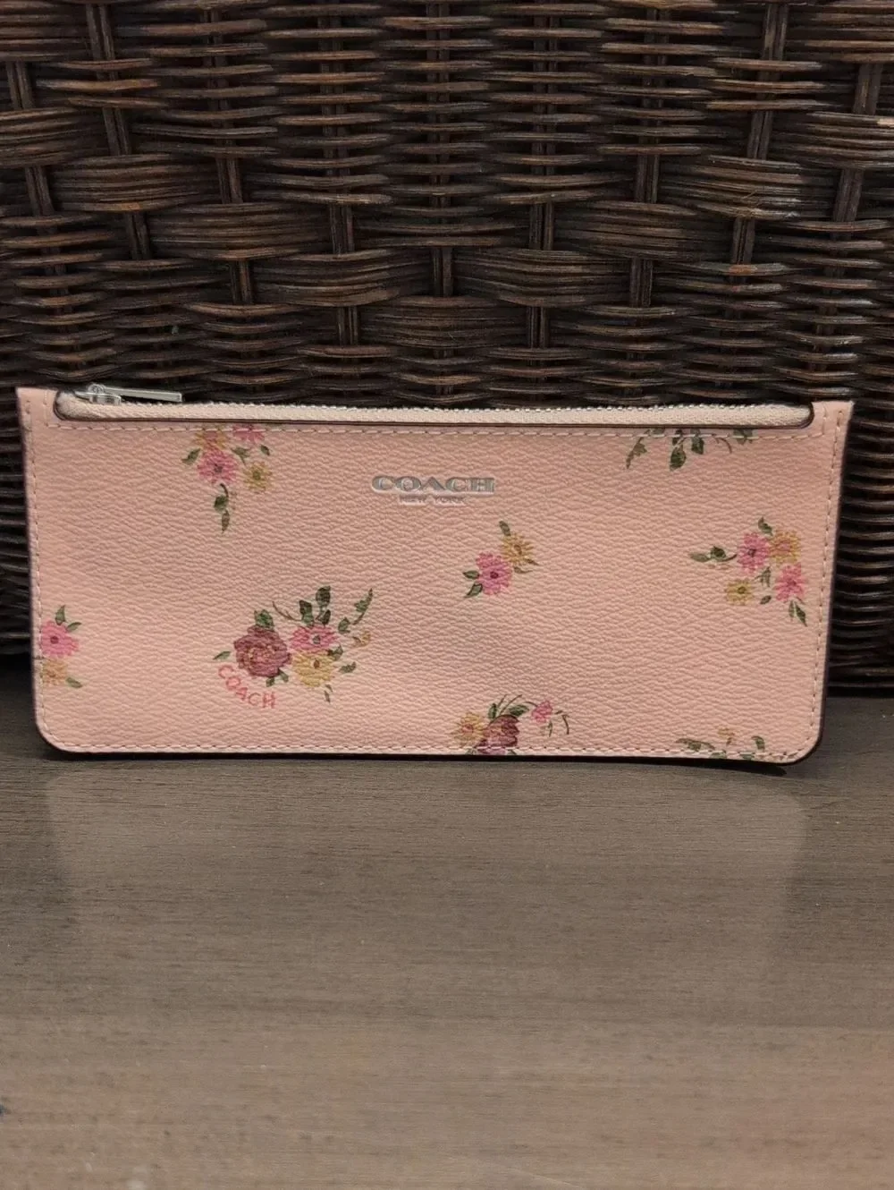 COACH Pink Daisy Bundle Print Slim Skinny Wallet Floral Zip Credit Card Case